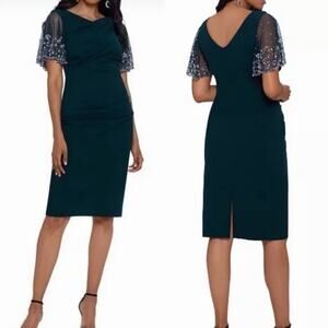 Betsy & Adam Plus "Emily" Short Scuba Crepe Beaded Flutter Sleeve Dress 18W Pine